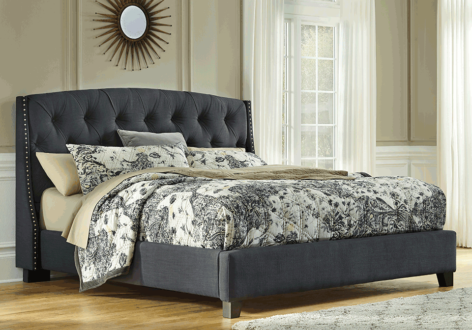 Kasidon Dark Gray Tufted Upholstered, Queen Bed With Upholstered Headboard