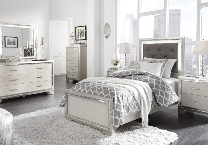 Lonnix Silver Twin Upholstered Bedroom Set