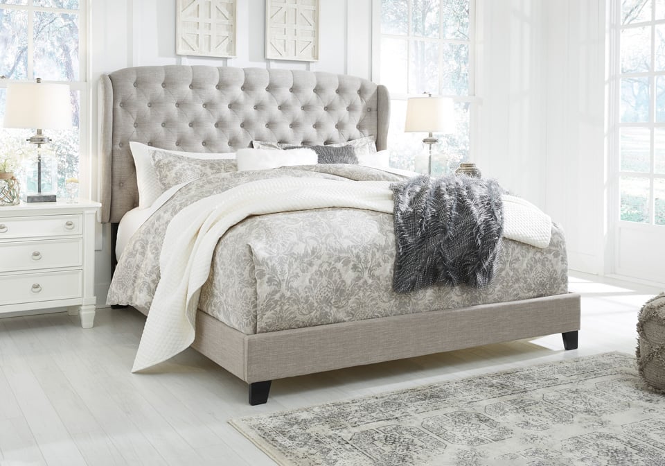 Gray upholstered deals king bed frame