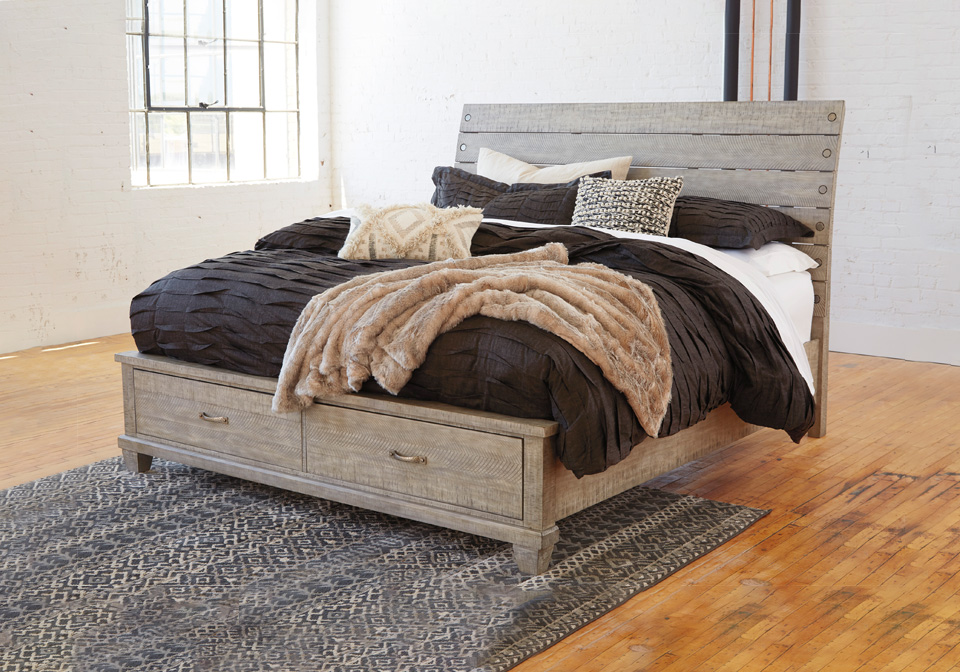 Naydell Rustic Gray King Panel Storage, Gray King Bed With Storage