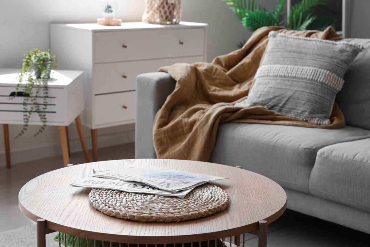 Round coffee table in a living room with a gray sofa, end table, and cabinet near Florence, KY