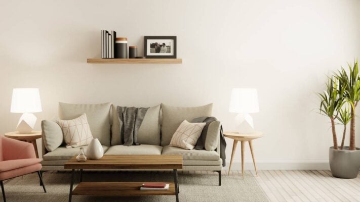 Modern living room with sofa, coffee table, and room decor near Florence, KY