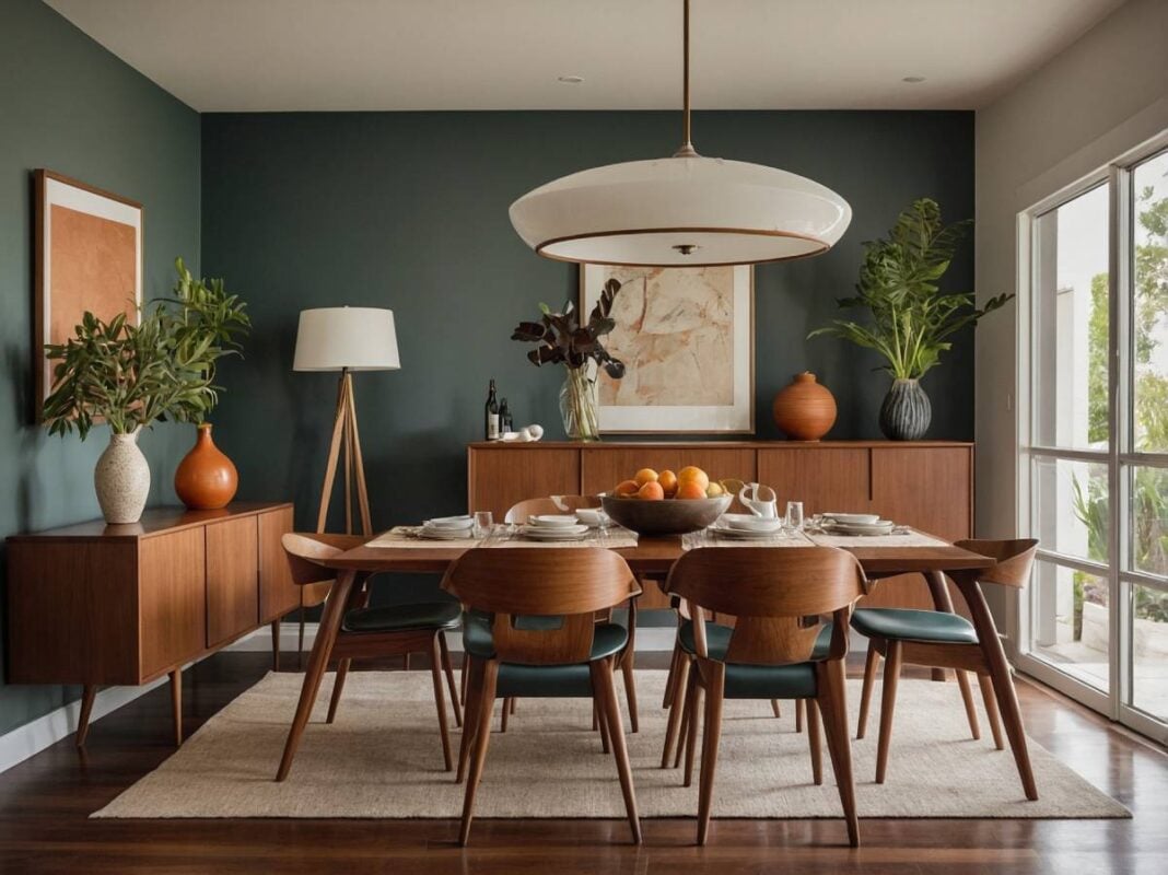 Mid century modern dining room with table, sideboards, and floor lamp near Florence, KY