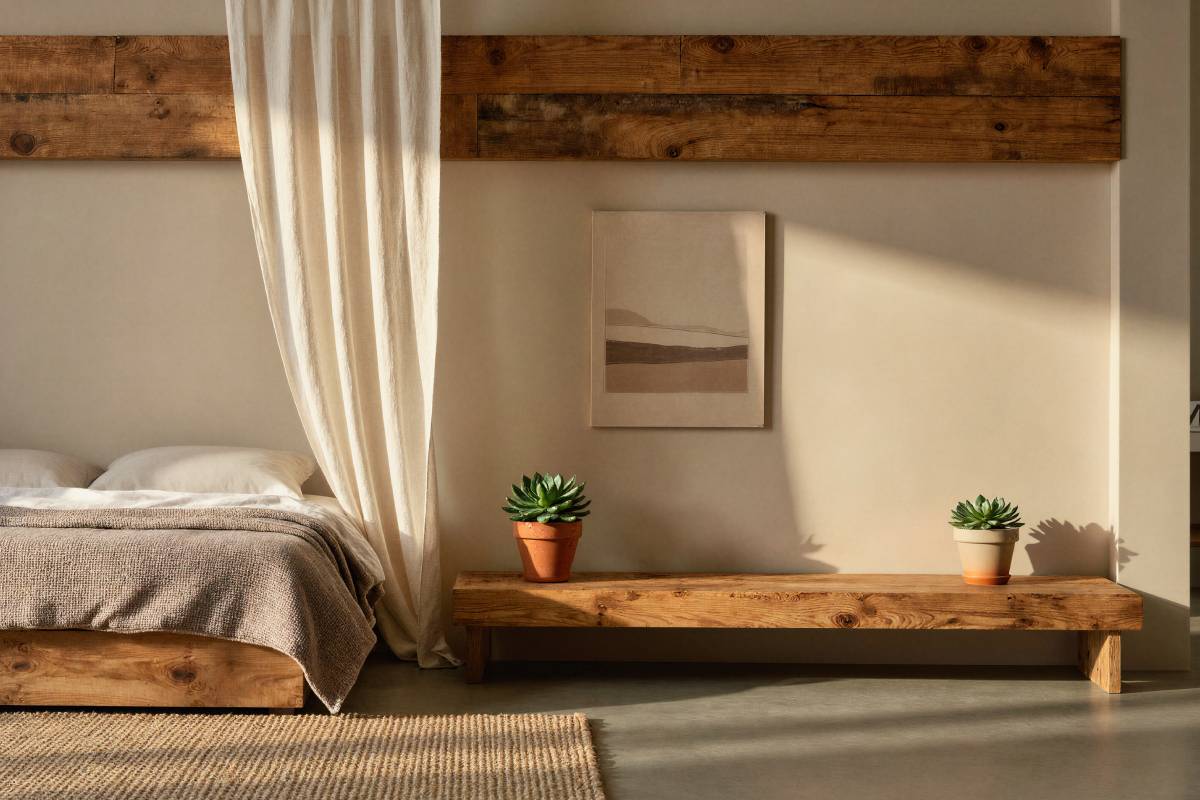 Modern bedroom with wooden bed and dark wood accent bench
