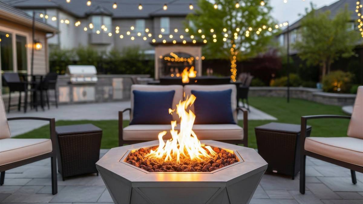 Outdoor fire pit lit up in front of cushioned patio chairs.